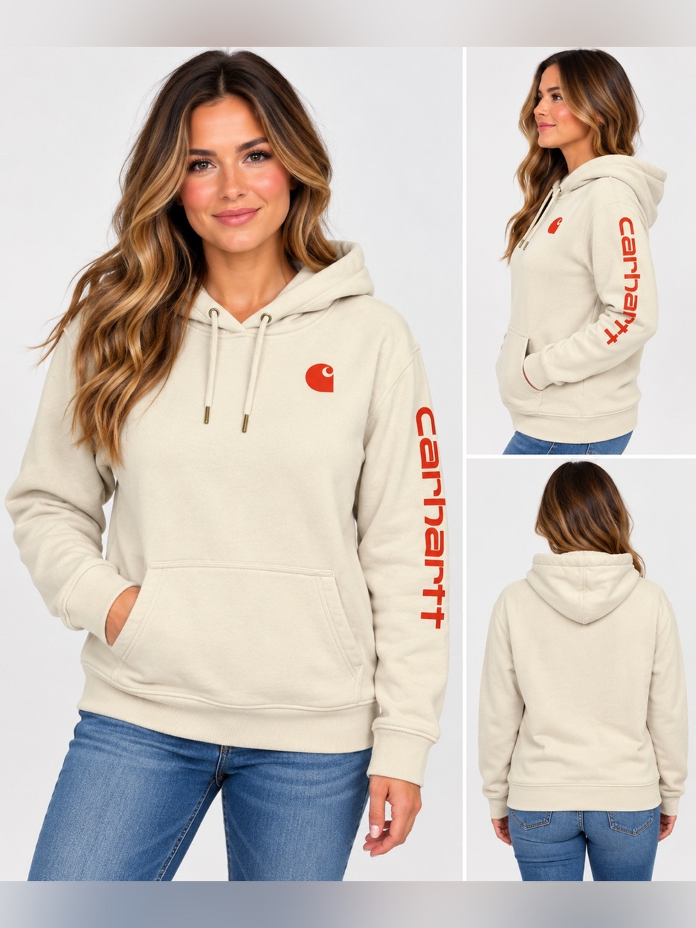 Carhartt Women's Cream Logo Hoodie with Orange Accents